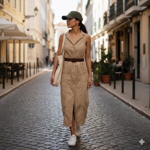 By Anthropologie Sz 8 Sleeveless Cotton Blend Tan Button Safari Midi Dress